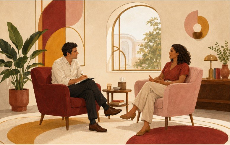 Ilustração de um ambiente calmo e acolhedor para consultas de psicologia, de escuta terapêutica e diálogo.