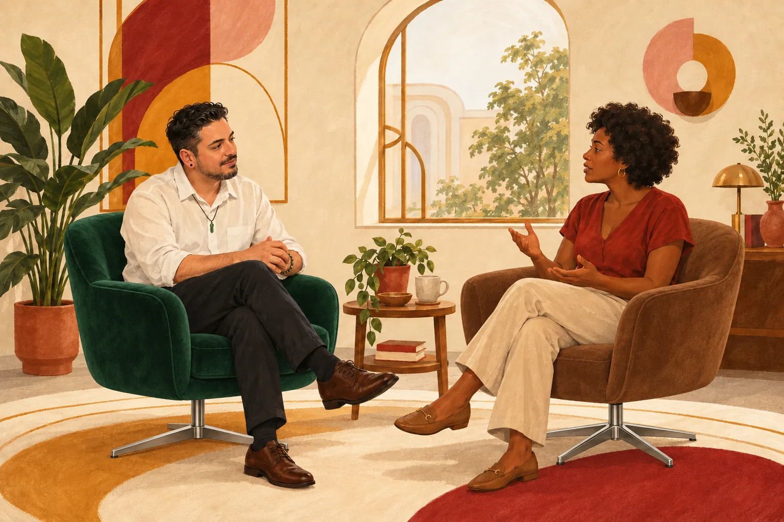 Ilustração conceitual representando o espaço acolhedor da psicoterapia individual.